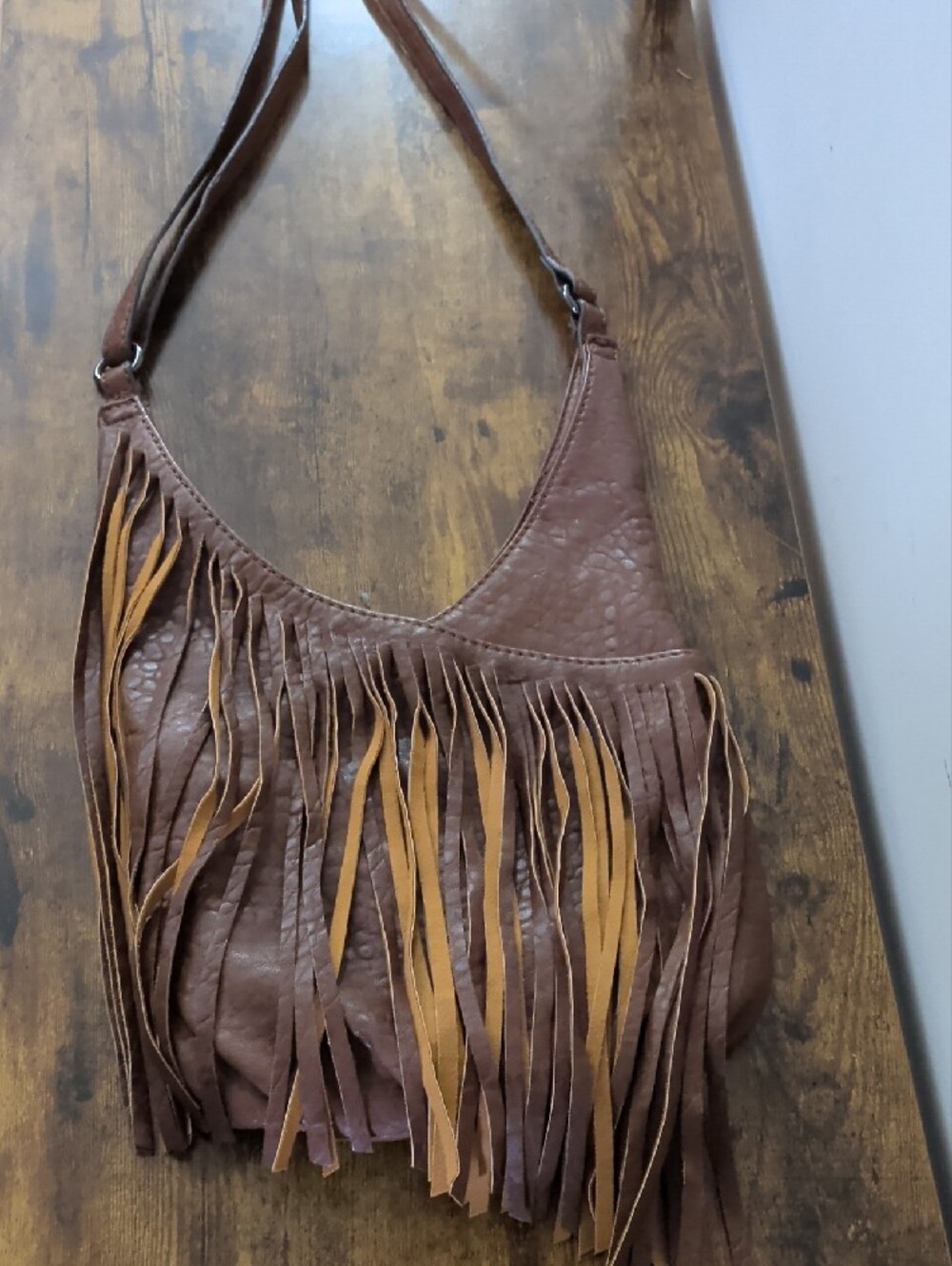 Fringed Shoulder Hobo Bag in Brown with Tan Accents - Picture 2 of 12